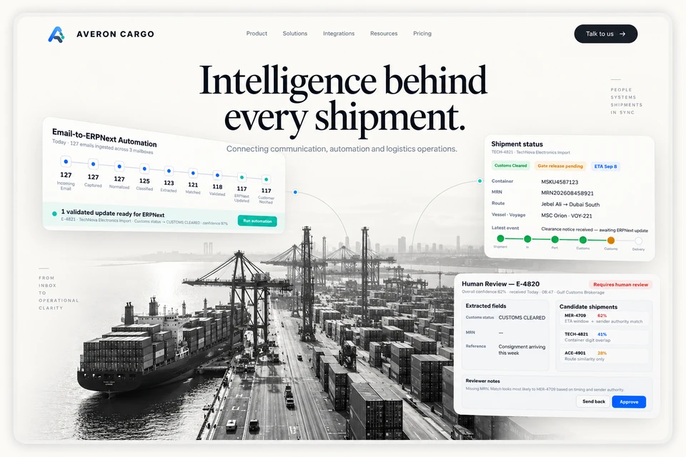 Supplied Averon Cargo editorial composition with shipment interface panels and a port photograph