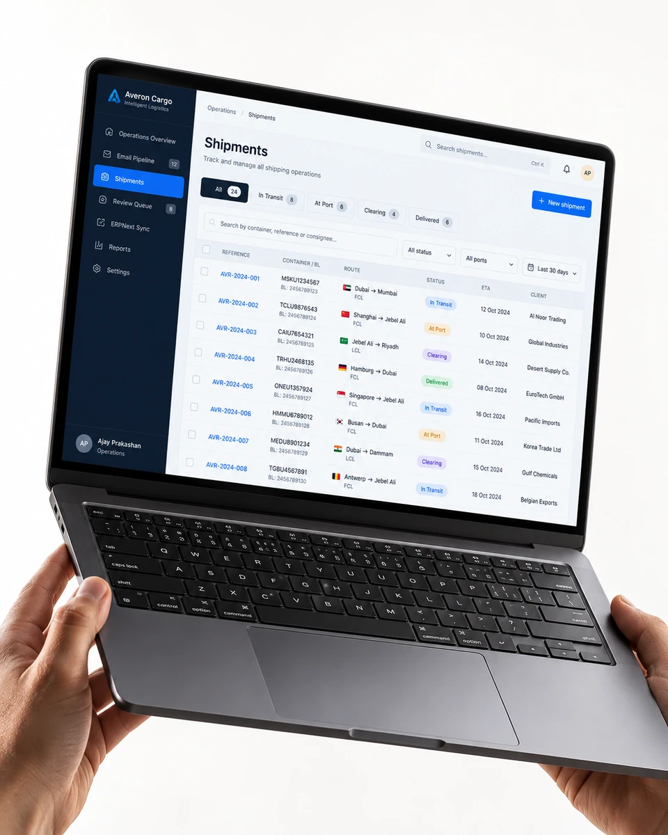 Original laptop presentation of the supplied logistics interface.