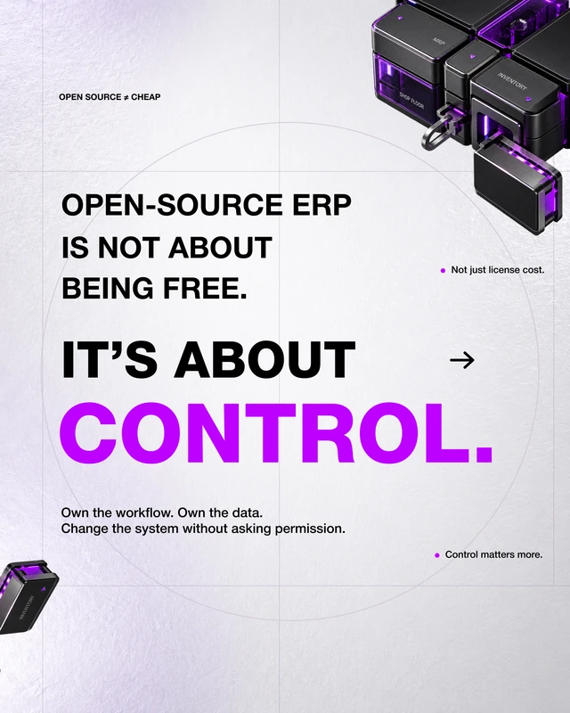 Open-source ERP poster with violet type and modular technical forms.