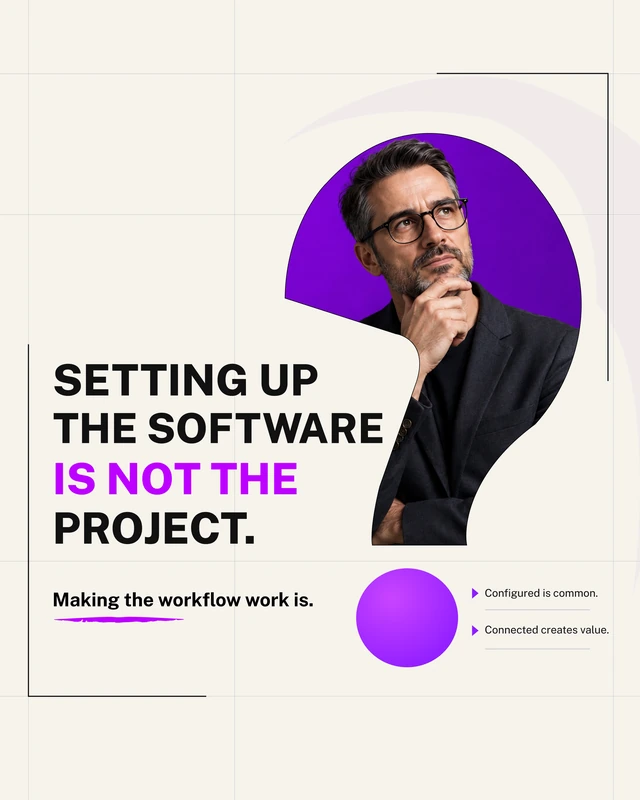 Editorial poster pairing a portrait with large black and violet typography.