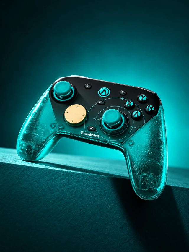 Gaming controller lit with teal light against a dark textured background.