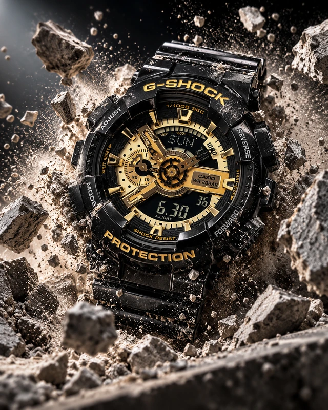 Black and gold watch surrounded by breaking concrete and suspended debris.