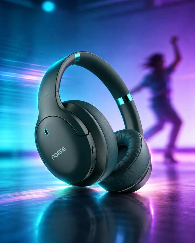 Teal headphones against a neon blue and violet backdrop.