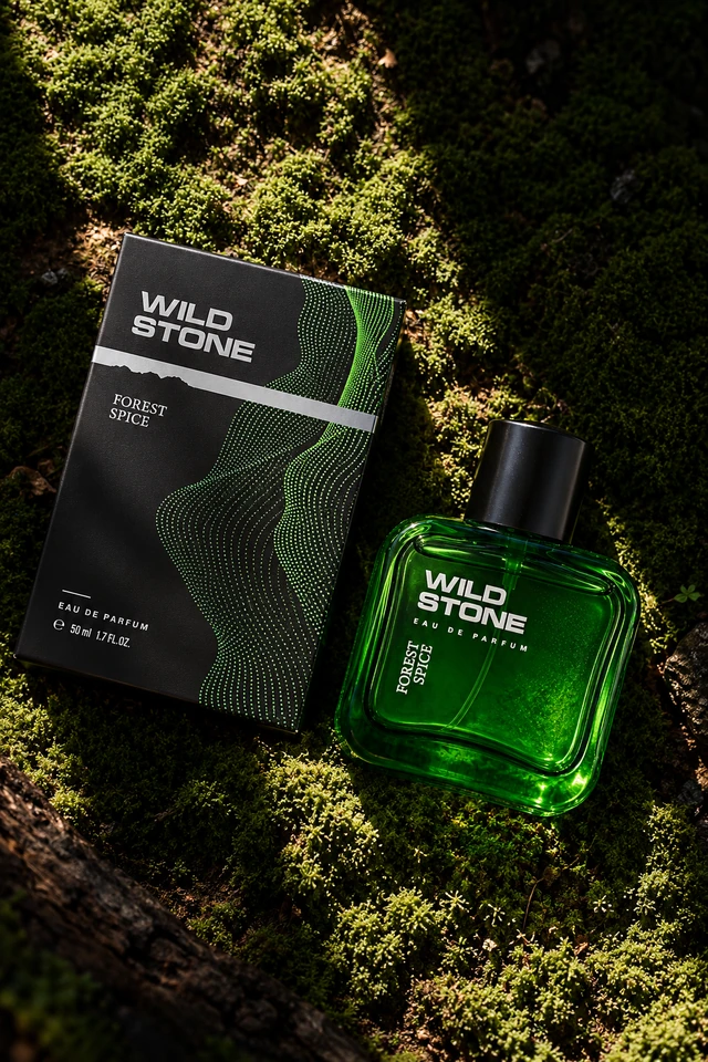 Green fragrance bottle and box arranged in moss and forest textures.