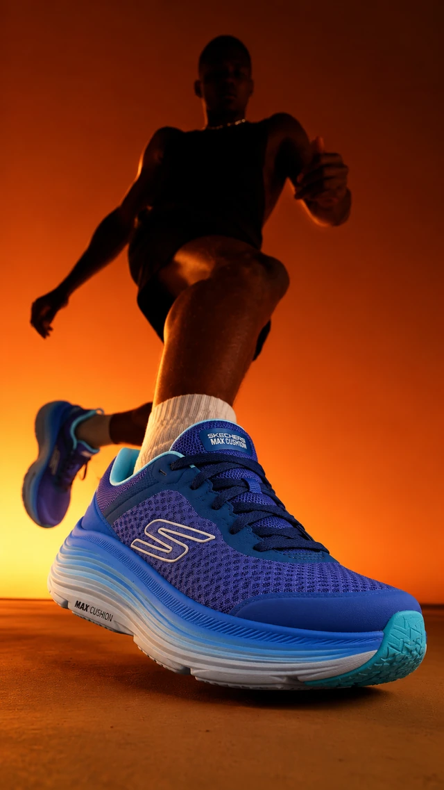 Blue running shoe with an athlete silhouetted against orange light.