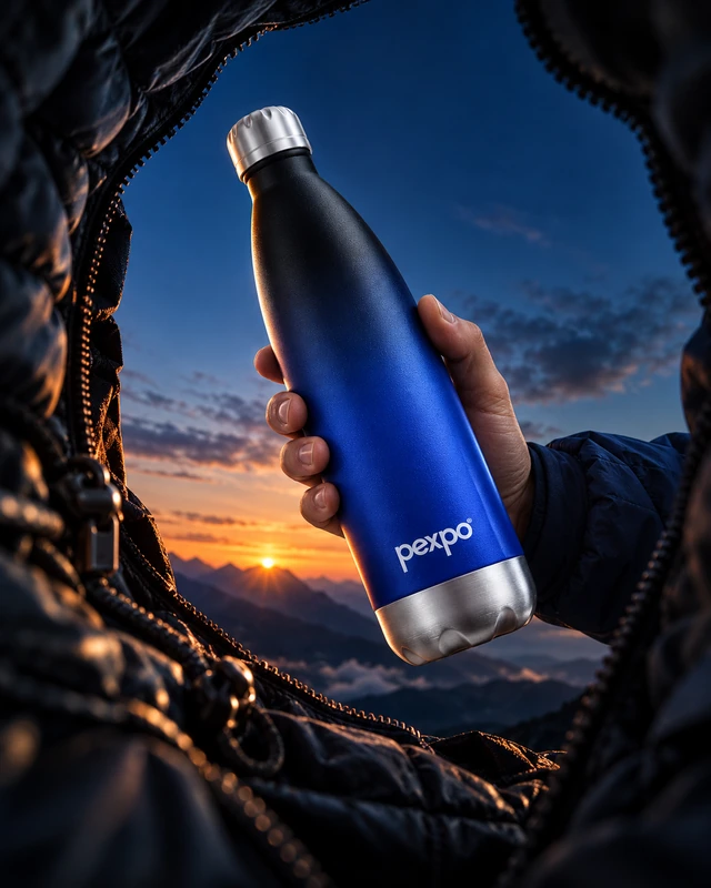 Blue reusable bottle held against a twilight mountain landscape.
