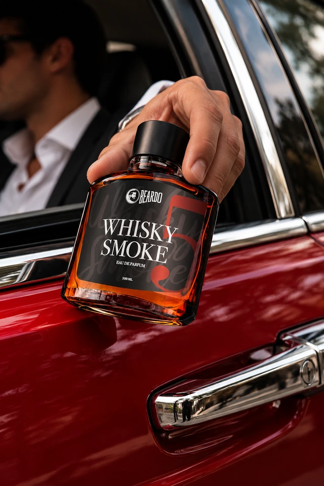 Amber fragrance bottle held by a red car window.