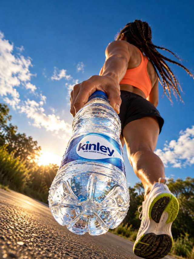 Water bottle in the foreground of a runner under a bright summer sky.