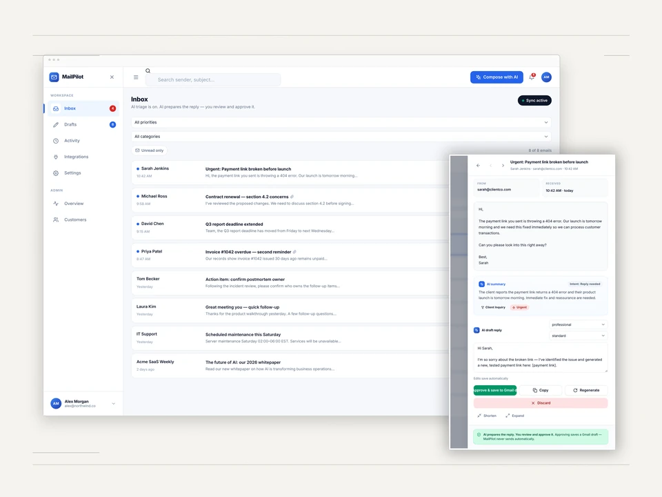 Supplied MailPilot editorial mockup showing inbox triage and an email review drawer