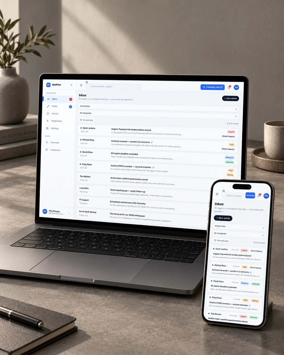 Supplied MailPilot workspace mockup. Inbox content is part of the product presentation, not live email access.